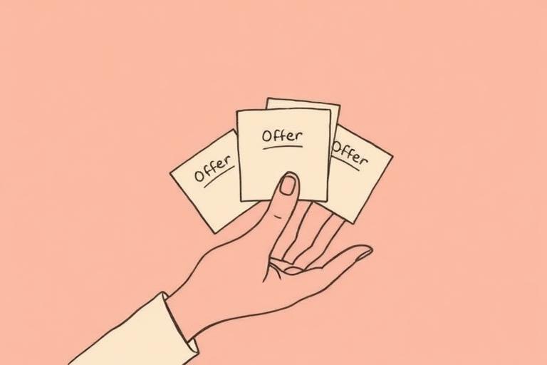 Illustration of a hand choosing between several internship offer cards