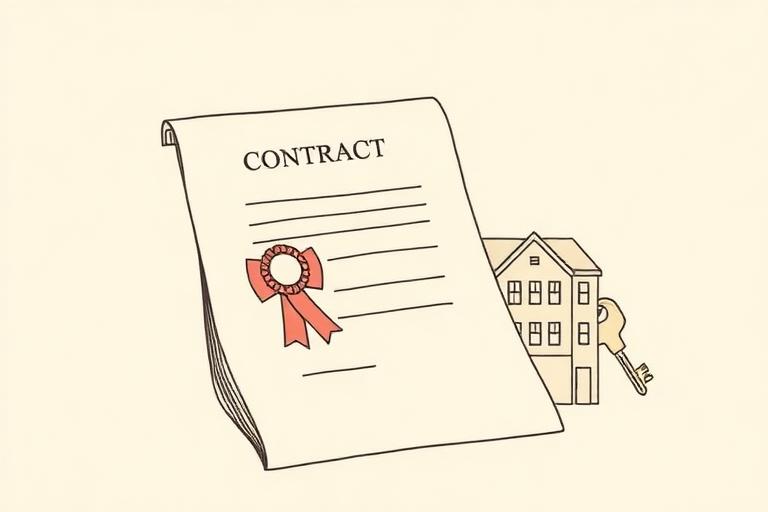 Illustration of a confirmed contract beside an apartment building and key
