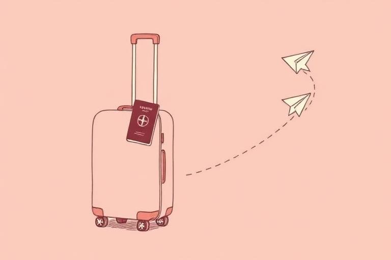 Illustration of a suitcase, passport and paper plane on a flight path